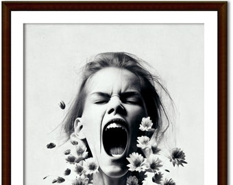 Oeuvre de téléchargement numérique BLOOMSCREAM - mode, fleurs, femme, cris, éditorial, noir et blanc, portrait