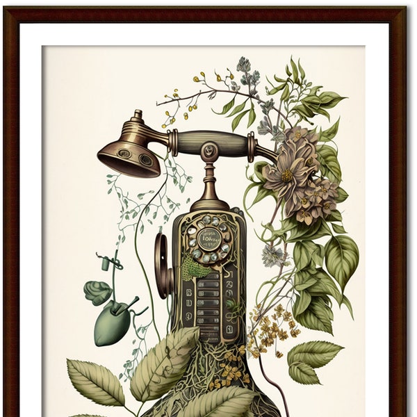 PHONE II digital download artwork - telephone, antique, quirky, botanical, illustration, drawing