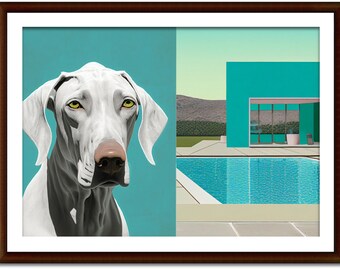 Oeuvre de téléchargement numérique WEIMERANER - chien, peinture, contemporain, architecture, milieu du siècle, piscine, minimaliste