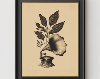 Oeuvre de téléchargement numérique GRAMOPHONE - haut-parleur, phonographe, musique, tourne-disque, antiquité, excentrique, botanique, illustration, dessin