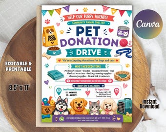 Editable Pet Donation Drive Flyer Template, Support Local Animal Shelter Community Charity Digital Printable