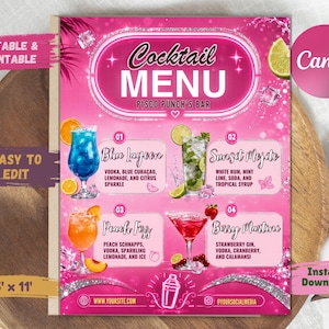 May include: A pink cocktail menu template featuring the text Cocktail Menu Pisco Punch's Bar, with four numbered drink sections: Blue Lagoon, Sunset Mojito, Peach Fizz, and Berry Martini, decorated with illustrations of fruit and ice cubes.