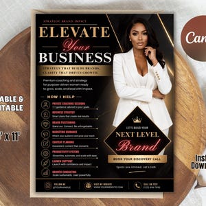 Puede incluir: Una plantilla de folleto empresarial con un diseño en negro y dorado con el texto ELEVATE YOUR BUSINESS. Incluye la fotografía de una persona con blazer blanco, una lista de servicios de coaching y espacios para datos de contacto.