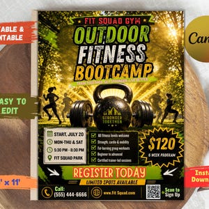May include: A flyer for an outdoor fitness bootcamp featuring a kettlebell, silhouettes of people exercising in a park, and text including Fit Squad Gym, Outdoor Fitness Bootcamp, Start July 20, 5:30 PM-8:30 PM, Fit Squad Park, and 21.6 cm x 27.9 cm.