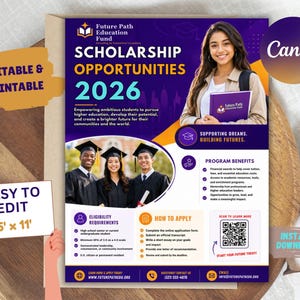Pode incluir: Um folheto roxo e branco intitulado Scholarship Opportunities 2026, mostrando um estudante com um livro, um grupo de graduados e um código QR. O documento inclui seções sobre benefícios, requisitos e etapas de inscrição, medindo 21,6 por 27,9 cm.