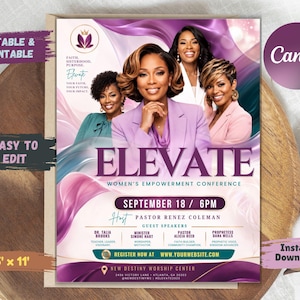 May include: A digital flyer template for the Elevate Women's Empowerment Conference featuring four women, purple and pink abstract background waves, and text including date, time, location, and speaker names. The flyer is 8.5 inches by 11 inches.