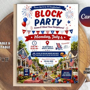 Puede incluir: Un folleto rectangular para una fiesta vecinal del 4 de julio con decoraciones patrióticas rojas, blancas y azules, fuegos artificiales y casas suburbanas. El texto incluye detalles del evento, la fecha del 4 de julio y el RSVP. Mide 21,59 x 27,94 cm.