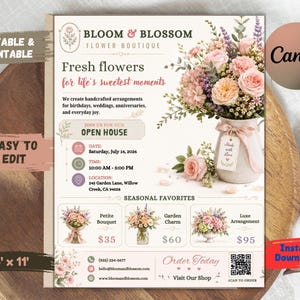 Può includere: Un volantino per Bloom & Blossom Flower Boutique con una composizione floreale in un vaso, i dettagli per un open house il 14 luglio 2026 al 245 Garden Lane, Willow Creek, CA 94558, e un listino prezzi su un modello di 21,6 x 27,9 cm.
