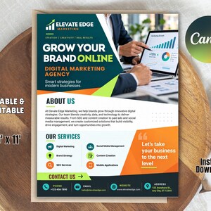 Può includere: Un modello di volantino per agenzia di marketing digitale che misura 21,6 cm per 27,9 cm. Il design presenta uno schema di colori verde acqua scuro e arancione con il testo Elevate Edge Marketing, Grow Your Brand Online, About Us, Our Services.
