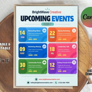 May include: A white 8.5 inch by 11 inch flyer titled BrightWave Creative Upcoming Events 2026. The document features six colorful rectangular sections listing dates, event titles, descriptions, and times for various professional gatherings.
