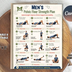 May include: A printable 8.5 inch by 11 inch informational chart titled Men's Pelvic Floor Strength Plan. The document features twelve numbered exercise illustrations with instructions, icons, and repetition counts for pelvic floor muscle training.