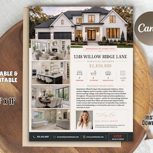 May include: A real estate flyer template measuring 21.6 by 27.9 cm, featuring a white house with black trim, interior photos, property details for 1248 Willow Ridge Lane, a price of $2,850,000, five bedrooms, four bathrooms, and three garage spaces.