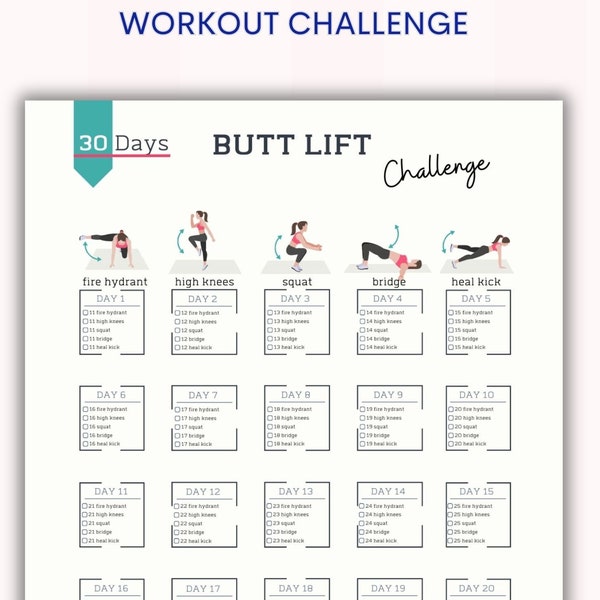 30 Day Butt Lift Challenge | Home Workout | Fitness Tracker | Digital Download | Printable | A4&US Letter