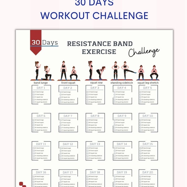 30 Day Resistance Band Challenge | House Workout | Bodybuilding Tracker | Digital Product | Printable | A4&US Letter