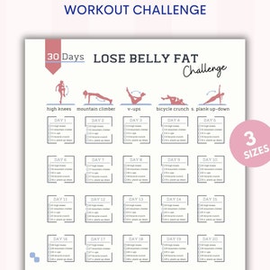 Sfida di 30 giorni per perdere il grasso della pancia / Allenamento a casa / Corpo da bikini / Tracker per il bodybuilding / Prodotto digitale / Stampabile / Formato poster A4-US Letter