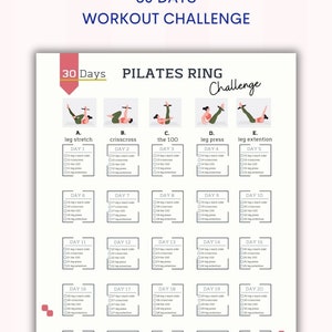 30-daagse Pilates-ringuitdaging | Buikvet verliezen | Pilates| Huistraining | Bodybuilding-tracker | Pilates-training| Afdrukbaar | A4 en Amerikaanse brief