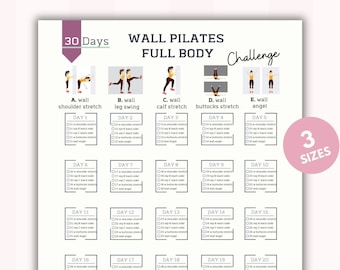 Pode incluir: Um desafio de treino de pilates de parede imprimível de 30 dias com ilustrações de cinco exercícios diferentes: alongamento dos ombros, balanço das pernas, alongamento das panturrilhas, alongamento dos glúteos e anjo de parede. Cada exercício é listado com um número de dia correspondente e caixas de seleção para acompanhar o progresso.