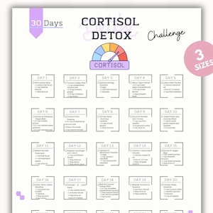 May include: A printable 30-day cortisol detox challenge with a color-coded gauge showing cortisol levels. The challenge includes a daily meal plan with a list of ingredients and instructions for each day.