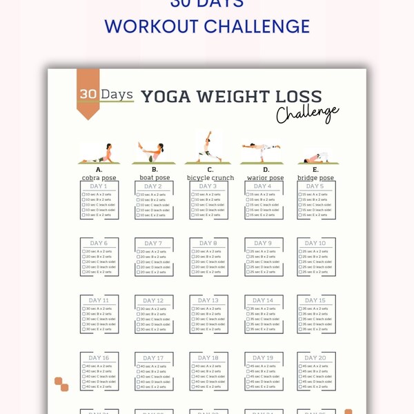 30 Day Yoga Weight Loss Challenge Planner | Digital Workout Plan | Body Building Tracker | Yoga Pose Workout Planner | Instant Download