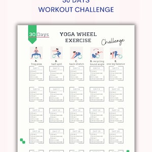 Sfida di esercizi con ruota yoga di 30 giorni / Allenamento in casa / Desideri del tuo corpo / Pianificatore di pose yoga / Stampabile / Lettera A4 e USA