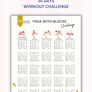 Yoga di sfida di 30 giorni con blocchi / Yoga di sfida personale / Allenamento in casa / Desideri del tuo corpo / Pianificatore di pose di yoga / Stampabile / Lettera A4 e USA