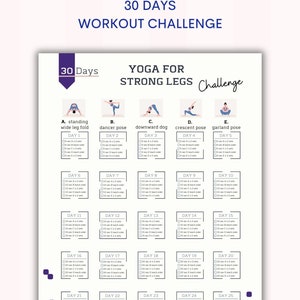 Sfida di 30 giorni Yoga per gambe forti / Allenamento in casa / Desideri del tuo corpo / Pianificatore di pose Yoga / Stampabile / Lettera A4 e USA