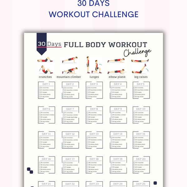 30 Dagen Full Body Workout Challenge Mannen | Huistraining | Bodybuilding-tracker | Digitaal product | Afdrukbaar | A4 en Amerikaanse brief