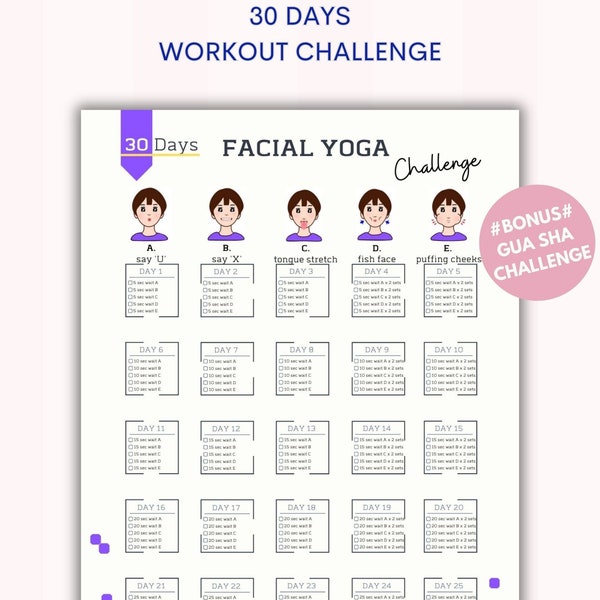 30 Day Facial Yoga Challenge | Anti Aging Exercise | Facial Exercises Guide| Gua Sha Challenge| Digital Product | Printable