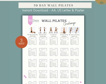 Reto de Pilates en la pared de 30 días, plan imprimible para remodelar todo el cuerpo, registro de ejercicios en la pared, descarga digital en PDF, póster tamaño carta estadounidense A4.