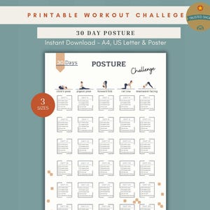 May include: A printable 30-day posture challenge workout chart featuring illustrations of yoga poses including child's pose, pigeon pose, forward fold, cat cow, and downward-facing dog. The document includes checkboxes for daily tracking.