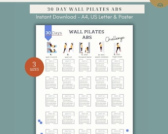 Wall Pilates For Abs, Printable Home Workout Chart, 30 Day Quick Abs Plan, 30 Day Workout Challenge, Digital Download A4 US Letter