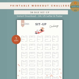 30 Day Sit-Up Challenge, Printable Core Workout Tracker, Six Pack Abs Plan, PDF Digital Download A4 US Letter Poster