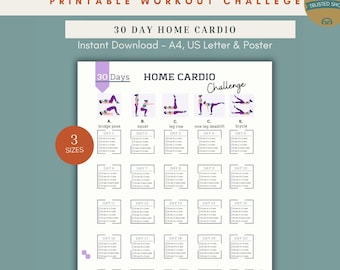 30 Day Home Cardio Challenge, No Equipment Cardio Workout, Printable Fat Burning Guide, PDF Digital Download A4 US Letter