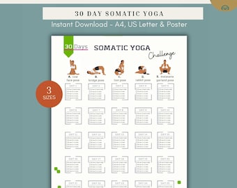Reto de Yoga Somático de 30 Días, Rastreador de Bienestar Mente-Cuerpo Imprimible, Plan de Reinicio del Sistema Nervioso, Descarga Digital en PDF A4 Carta de EE. UU.