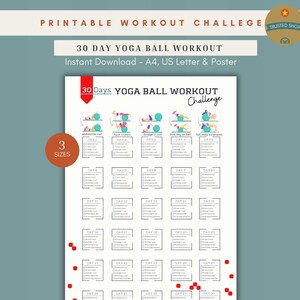 Könnte beinhalten: Ein druckbarer 30-Tage-Yoga-Ball-Workout-Challenge-Plan auf weißem Hintergrund. Das Dokument enthält ein rotes Banner mit dem Text 30 Days, gefolgt vom Titel Yoga Ball Workout Challenge und Illustrationen von fünf Übungen mit Kontrollkästchen.