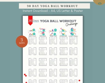 30 Day Yoga Ball Challenge for Core Strength and Balance, Printable Stability Ball Tracker, PDF Digital Download, A4 US Letter