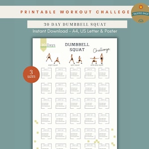 Desafio de 30 dias de agachamento com halteres, planilha imprimível para acompanhar o levantamento de glúteos, planejador de exercícios com halteres, download digital em PDF no formato A4/Carta (EUA)
