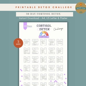 Sfida di disintossicazione dal cortisolo, tracker nutrizionale stampabile, alimentazione sana, pianificatore di pasti per la dieta del cortisolo, download digitale PDF, poster in formato A4 (US Letter).