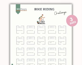 May include: A printable 30-day bike riding challenge tracker with a black and white design. The tracker has 25 boxes with a checkbox and space to write in the number of minutes and sets for each day. The tracker is designed to help people stay motivated and track their progress.