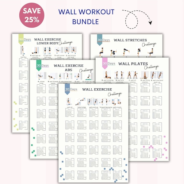 Wall Workout Bundle |Wall Exercise |Wall Pilates |30 Day Challenge |Abs Workout | Lower Body |Wall Pilates Chart | Digital Download | A4&USL
