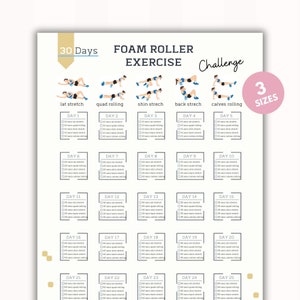 Può includere: Un grafico di sfida di esercizi con rullo di schiuma di 30 giorni con illustrazioni di diversi esercizi, tra cui stretching dei dorsali, rotolamento dei quadricipiti, stretching dei polpacci, stretching della schiena e rotolamento dei polpacci. Ogni giorno include un elenco di controllo per ogni esercizio.