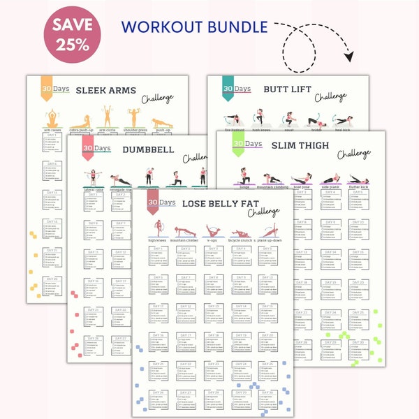 Workout Bundle | 5 Products | 30 Day Workout Challenge | House Workout | Bodybuilding Tracker | Digital Product | Printable | A4&US Letter