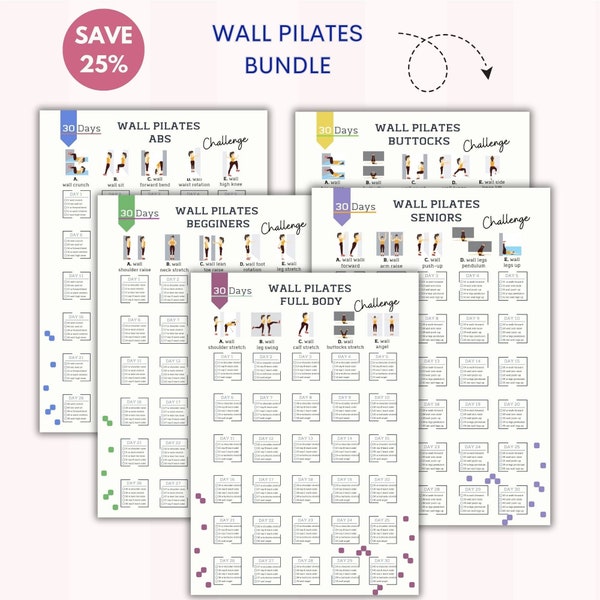 Wall Pilates Bundle |Wall Pilates Senior, Begginer |30 Day Challenge |Abs Workout | Full Body |Wall Pilates Chart | Digital Download| A4&USL