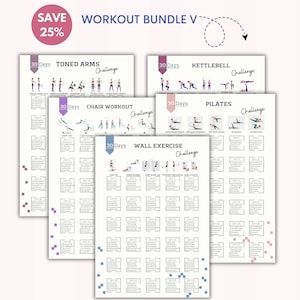 Pacchetto allenamento 5 / 5 prodotti / Sfida di allenamento di 30 giorni / Allenamento in casa / Tracker per bodybuilding / Prodotto digitale / Stampabile / Lettera A4 e USA