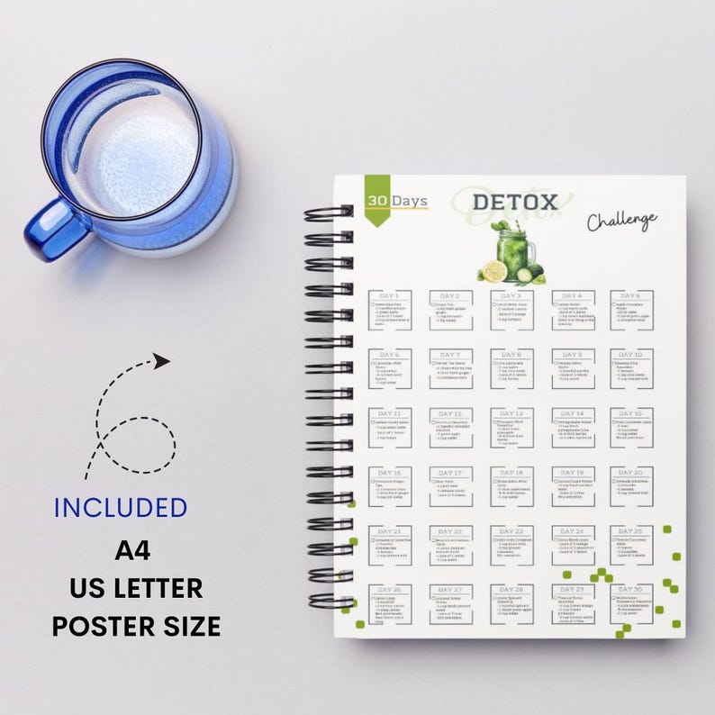 May include: A 30-day detox challenge journal with a green and white design. The cover features a glass of green juice with cucumber and lemon slices. The journal includes 30 daily pages with space to write in.
