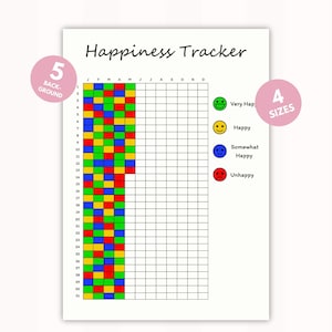 May include: A printable happiness tracker with a grid of squares for each day of the year. The grid is color-coded to represent different levels of happiness: green for very happy, yellow for happy, blue for somewhat happy, and red for unhappy.