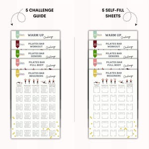 May include: A set of five printable 30-day Pilates bar workout challenge sheets. The sheets are labelled with different levels: Warm Up, Workout, Seniors, Full Body, and Beginners. Each sheet includes a grid of 30 squares with space to write in the date and the exercise to be performed.