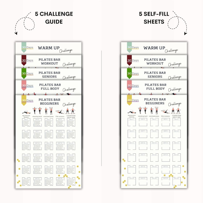 May include: A set of five printable 30-day Pilates bar workout challenge sheets. The sheets are labelled with different levels: Warm Up, Workout, Seniors, Full Body, and Beginners. Each sheet includes a grid of 30 squares with space to write in the date and the exercise to be performed.