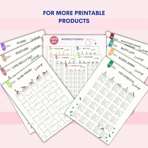 May include: A collection of printable workout challenge sheets. The sheets feature different exercises, including plank, posture, lose belly fat, slim thigh, sleek arms, dumbbell, butt lift, resistance band exercise, and leg stretch. The sheets are designed for a 30-day challenge.