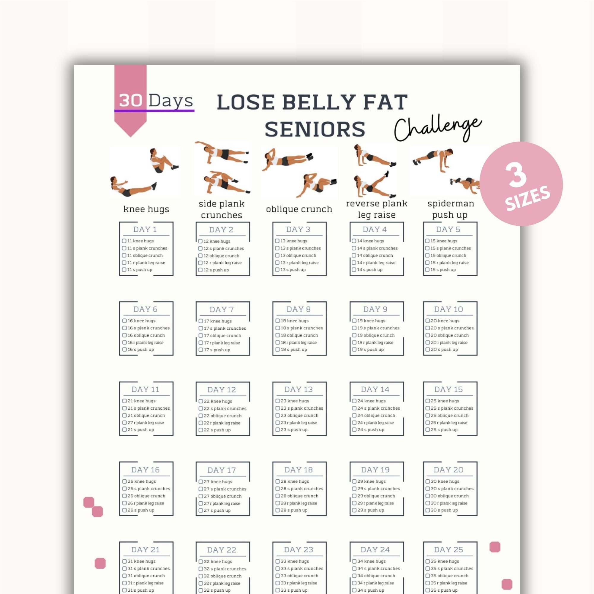 30 Day Lose Belly Fat Challenge seniors Exercise 30 Day Challenge abs Workout Lower Body Digital Download A4 USL Etsy